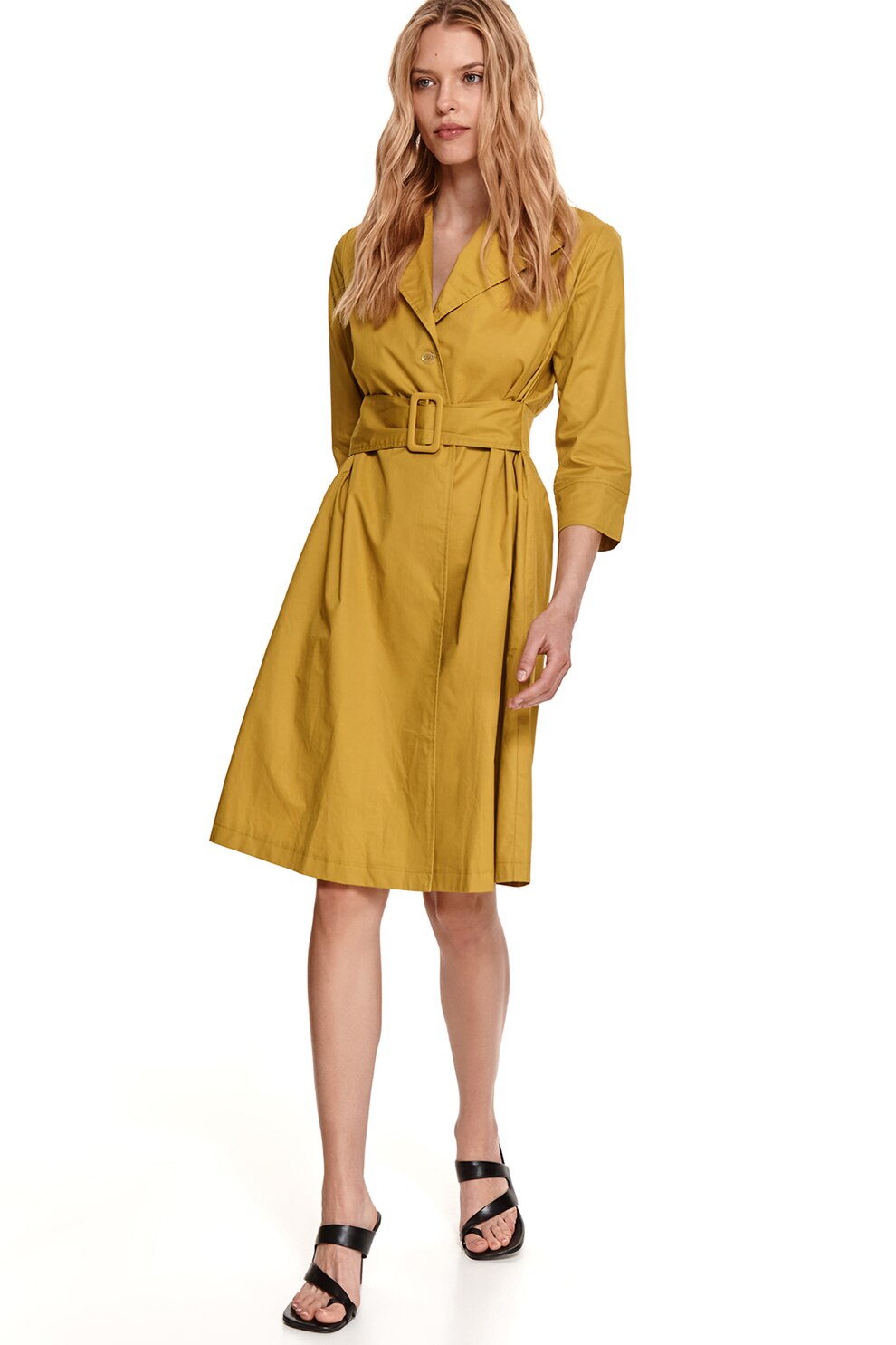 Top Secret, Rochie cu model petrecut si maneci trei sferturi, Galben mustar, L