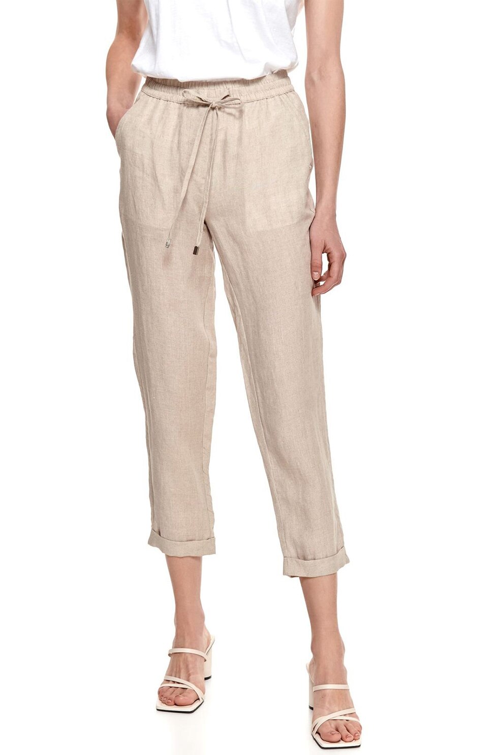 Top Secret, Pantaloni din amestec de in cu snur, Maro nisip, S