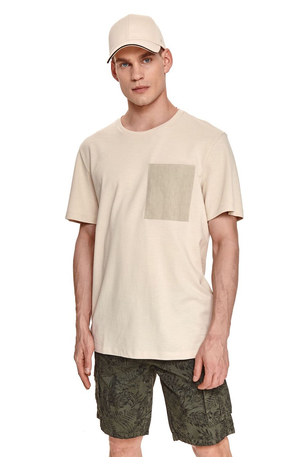 Top Secret, Tricou de bumbac cu buzunar pe piept, Maro nisip/Grej
