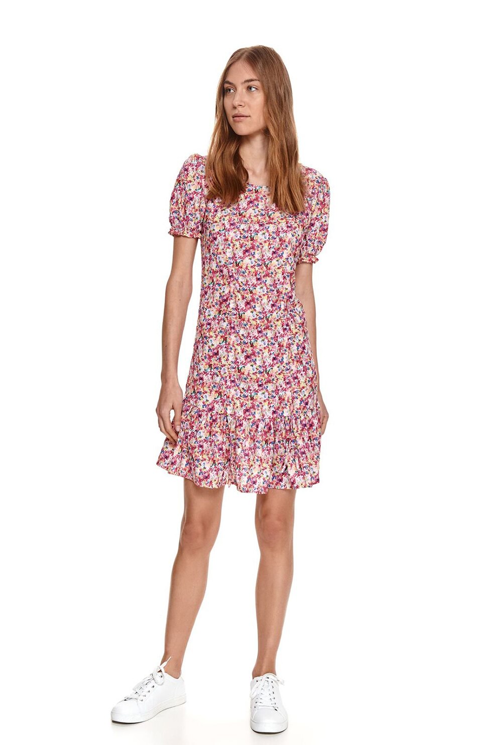 Top Secret, Rochie evazata cu imprimeu si maneci bufante, Multicolora