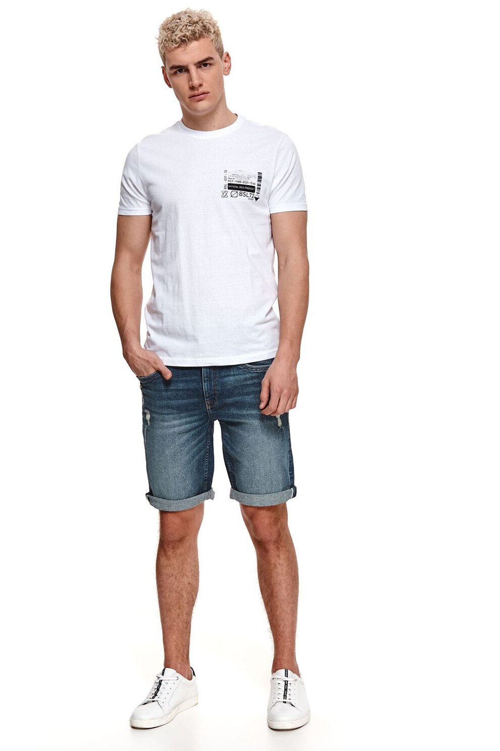 Top Secret, Tricou cu decolteu la baza gatului si imprimeu grafic discret, Alb/Negru, S