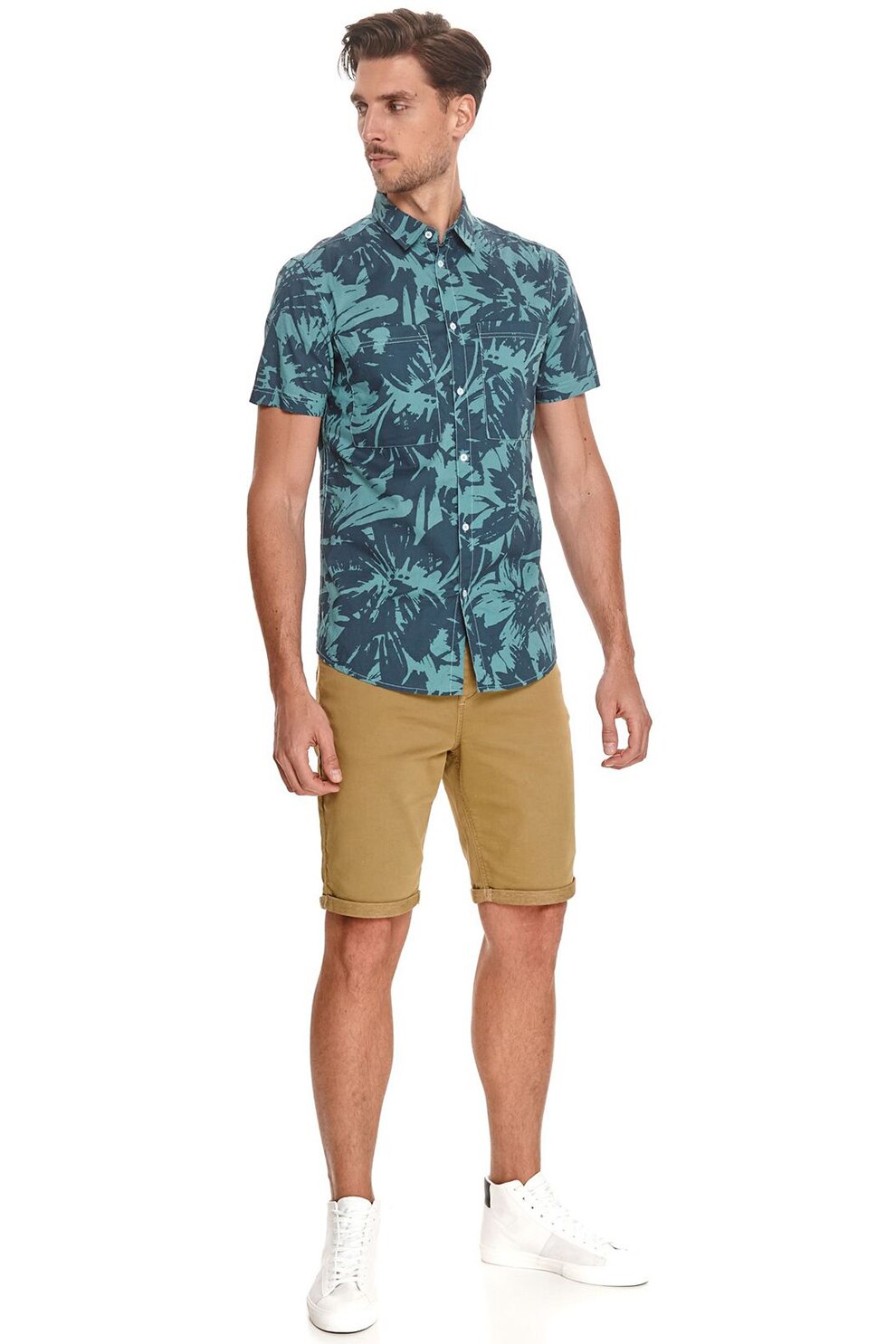 Top Secret, Camasa cu maneci scurte, imprimeu si buzunar pe piept, Albastru petrol / Turcoaz