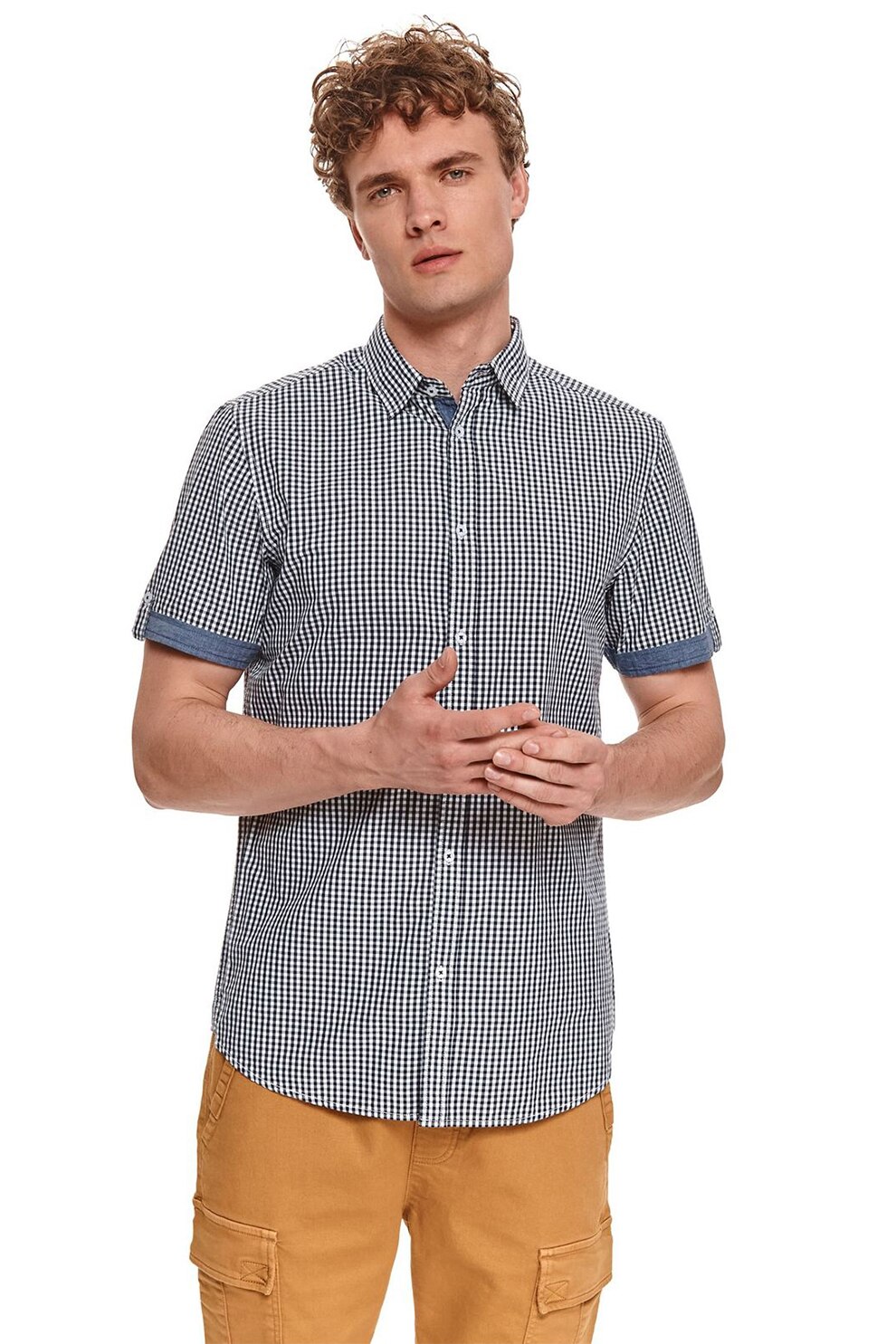 Top Secret, Camasa in carouri cu maneci scurte, Alb/Negru/Albastru prafuit