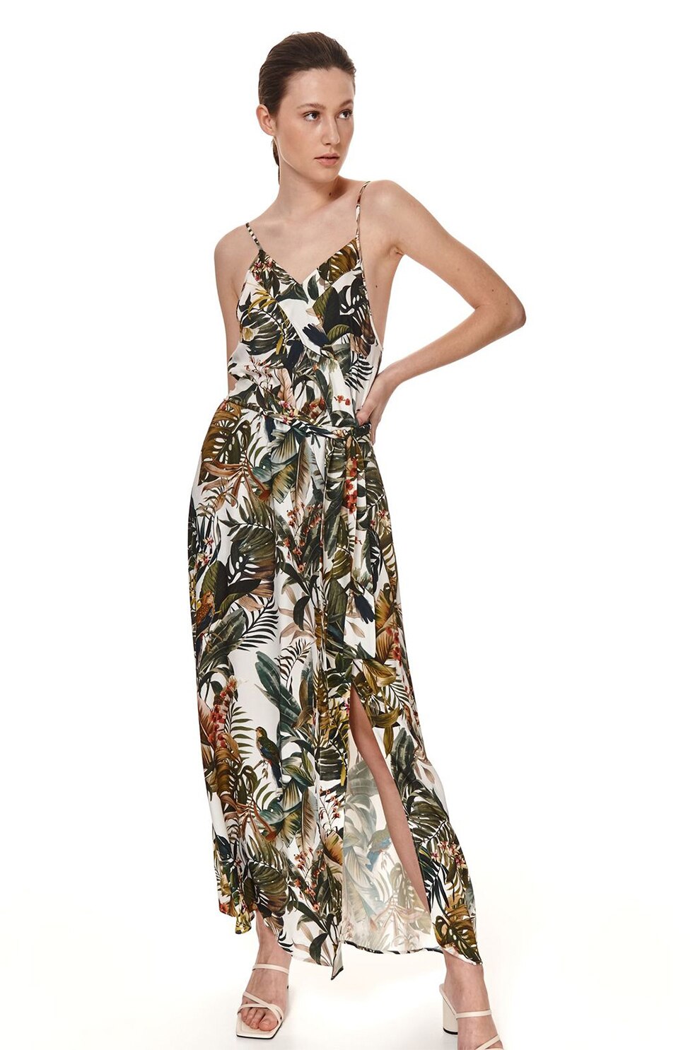 Top Secret, Rochie maxi cu imprimeu si slituri laterale, alb prafuit, gri inchis, oranj stins