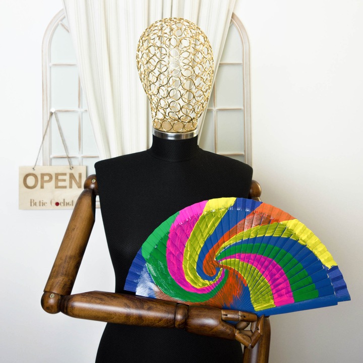 Buticcochet EV220 legyező, összecsukható, fából, festett nyomtatással, 23 cm, kék/többszínű