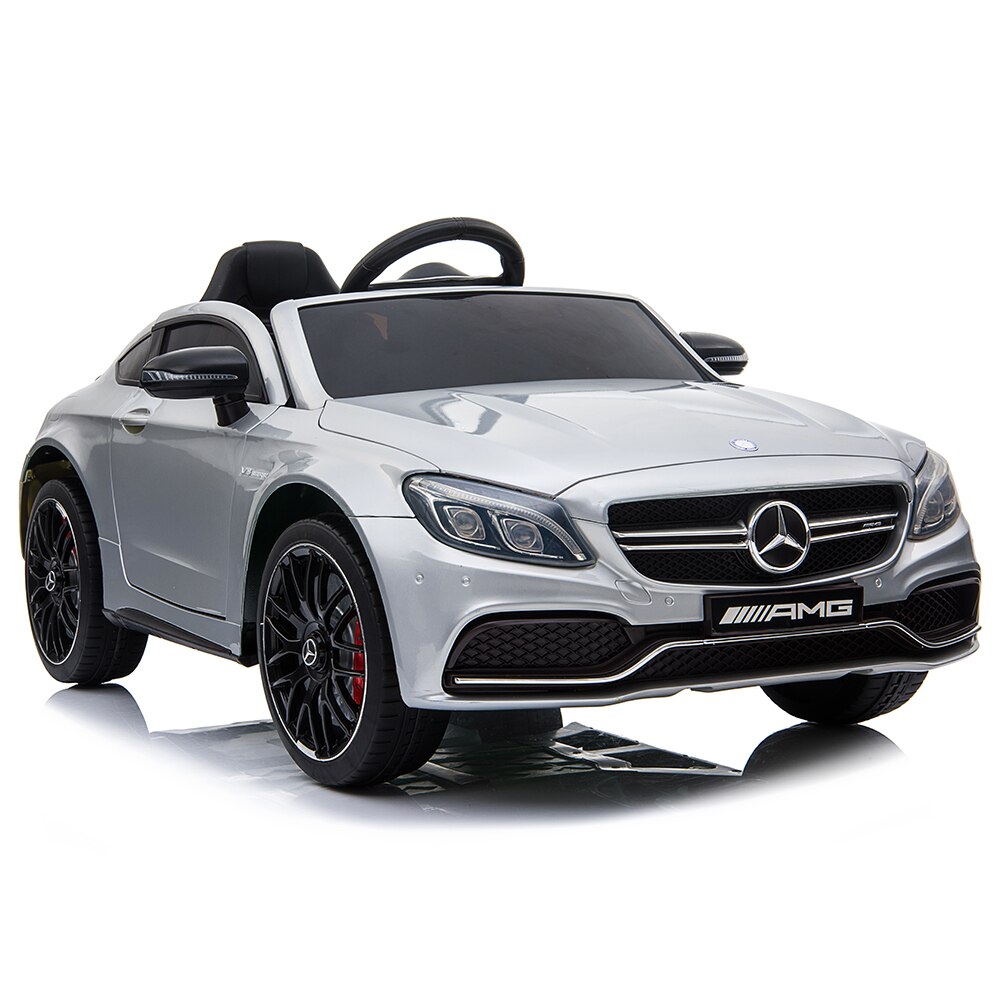 Masinuta electrica cu radiocomanda Mercedes-Benz, Scaun elegant cu tapiterie de piele, Lampi frontale fata si spate, Argintiu