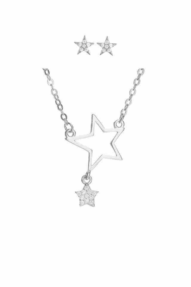 Set lant din argint 925 Starlight cu 2 pandantive in forma de stea si cercei cu pietre de zirconiu, 40 cm