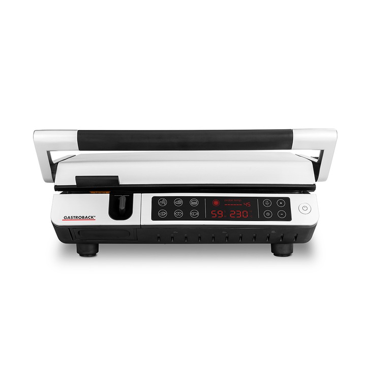 Gratar electric Gastroback 42539, Putere 2000 W, 6 programe predefinite, Timer 60 min, Control digital, Deschidere 180°, Suprafata 34 x 24 cm, Inox