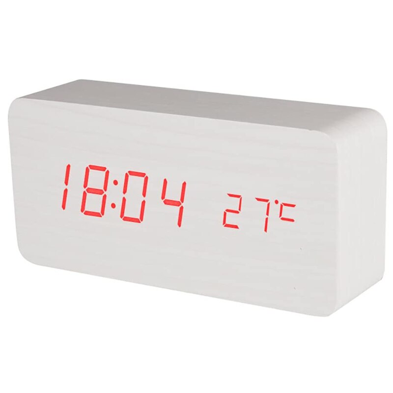 Ceas LED NUODWELL, lemn alb, afisaj digital rosu, senzor sunet, termometru, alarma