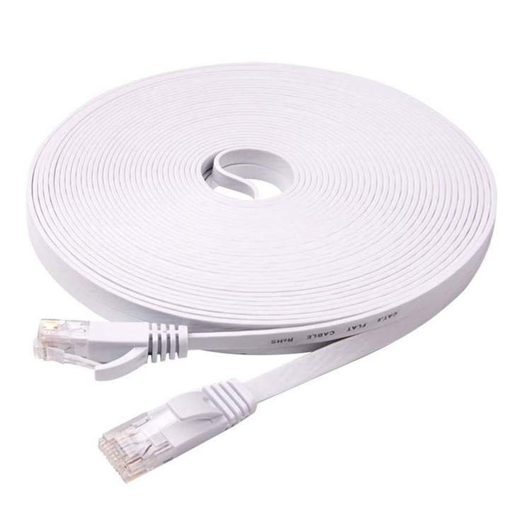 NUODWELL hálózati UTP kábel, hajlékony, lapos formátumú Cat6, 15 m hosszú - Internet Ethernet kábel csatlakozóval, RJ45 csatlakozó, fehér
