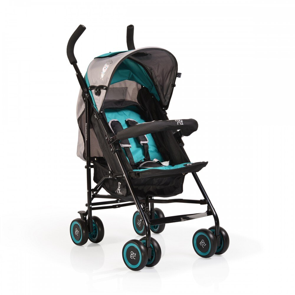 Carucior copii Jerry, verde, pliabil, centura de siguranta in 5 puncte, bara de protectie, cadru metalic, 4 roti pivotante cu frana, geanta de depozitare pe cadru