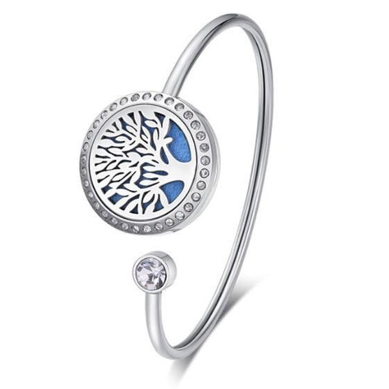 Bratara difuzor de ulei esential cu inchidere magnetica si cristal pentru aromaterapie sau parfum , Tree of Life , argintiu