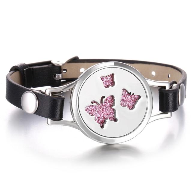 Bratara aromaterapie tip difuzor pentru uleiuri esentiale, Butterfly , curea neagra,disc fetru 20 mm