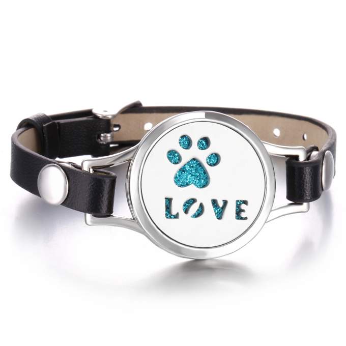 Bratara aromaterapie tip difuzor pentru uleiuri esentiale, Dog Love , curea neagra,disc fetru 20 mm
