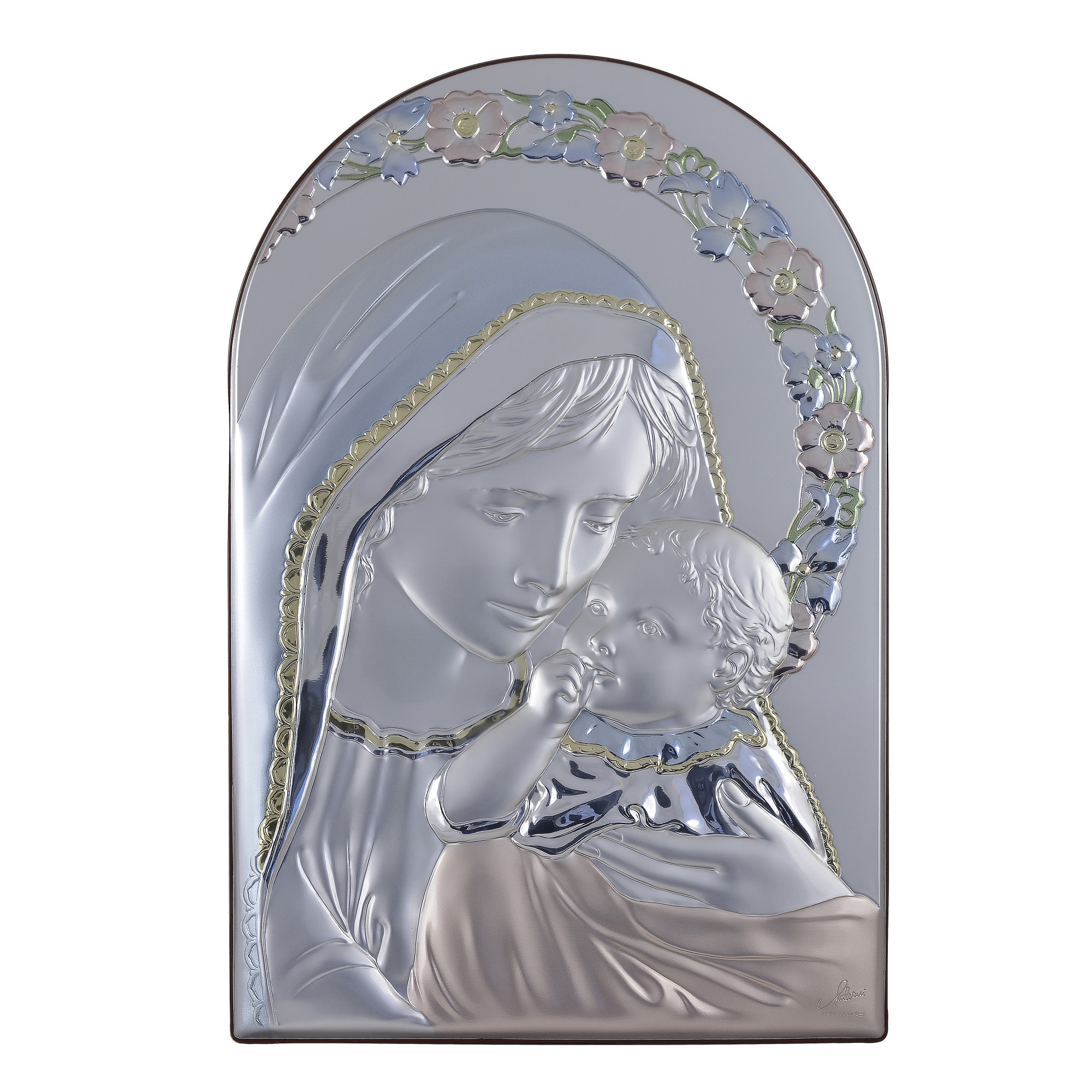Icoana placata cu argint, pictata manual - Fecioara si pruncul - Varianta ghirlanda, arcada, finisaj lemn alun, 31x20 cm, 5/5