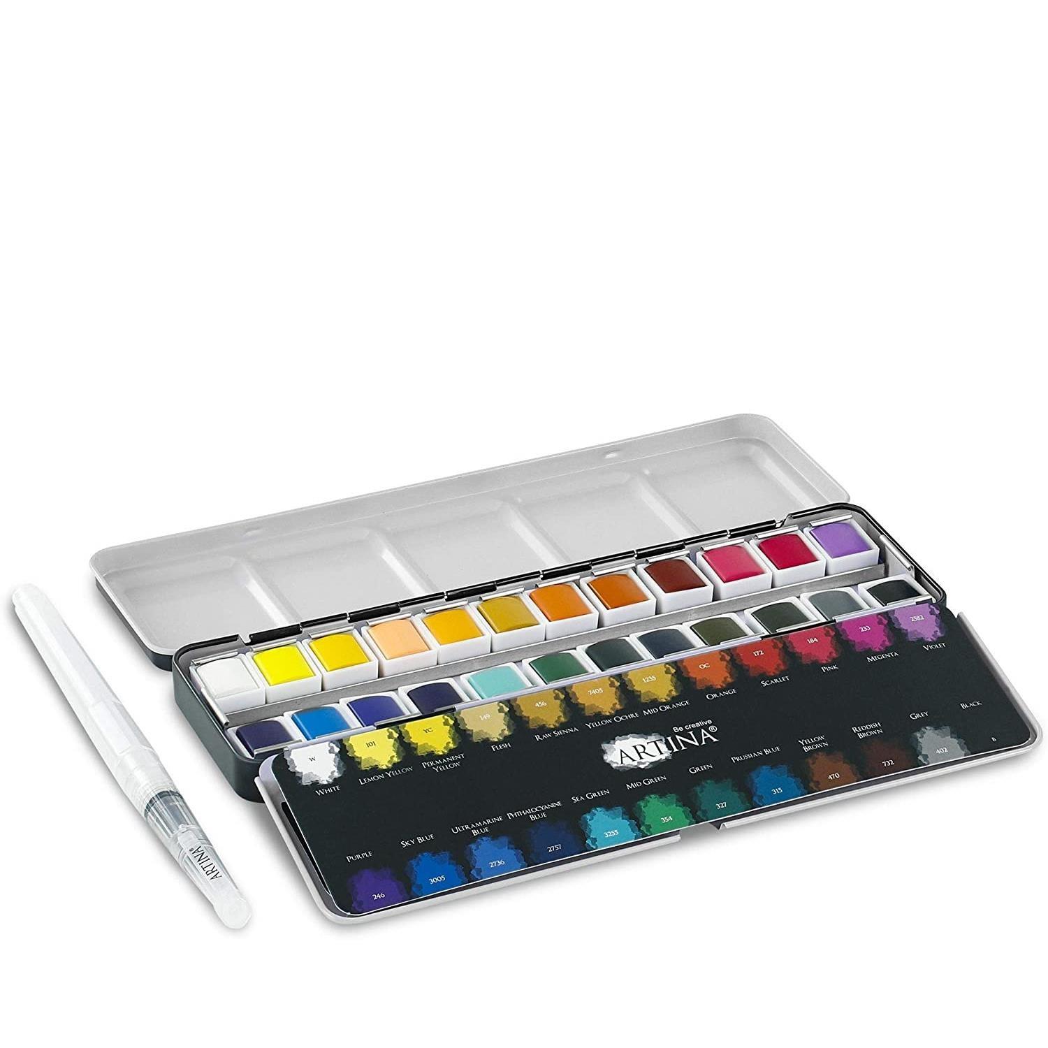 Culori acualere Artina Colaro, 24 bucati, Pensula cu rezervor de apa, Multicolor