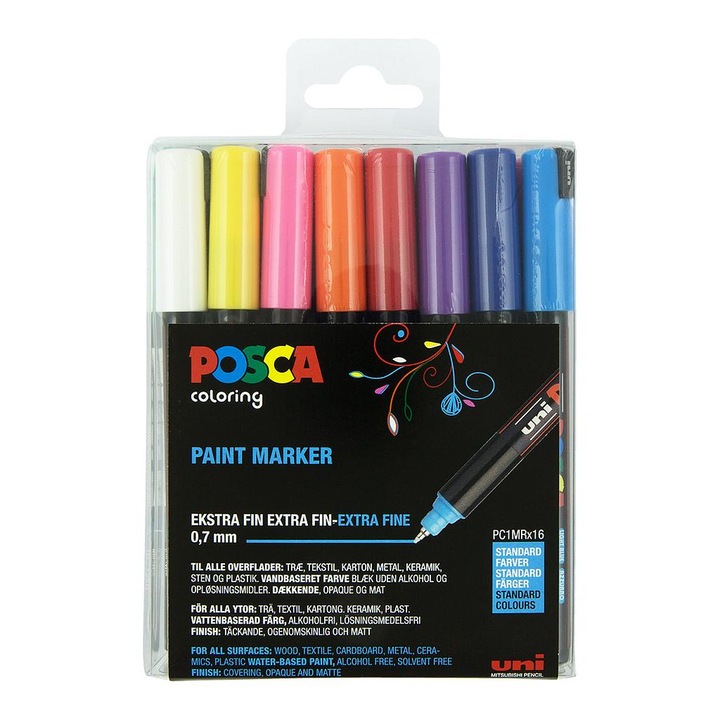 Комплект от 16 маркера, Posca PC1MR, изключително фин връх, основни цветове