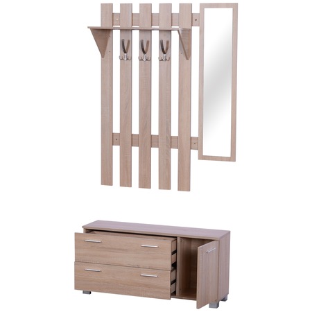 Set Cuier 3 piese cu suport pentru incaltaminte si oglinda, Homcom, PAL, Stejar