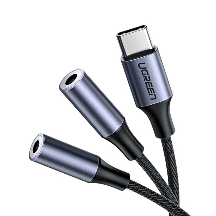 Adaptor, Ugreen, USB-C, 2 porturi 3,5 mm, 20 cm, Gri