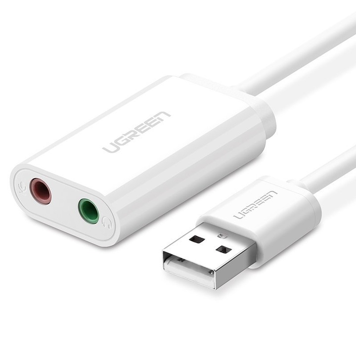 Адаптер Ugreen, USB 2.0, 3.5 Mm, Mini Jack External Sound, бял