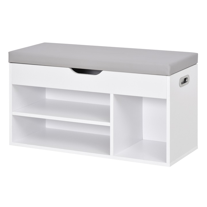 Поставка за обувки с пейка и отделения за съхранение, HOMCOM, 80 x 30 x 43 см, MDF / Синтетична кожа, Бяла / Сива