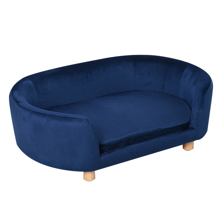 Pat de interior pentru caini sau pisici, PawHut, Max 22.5 kg, Catifea / Lemn, Albastru