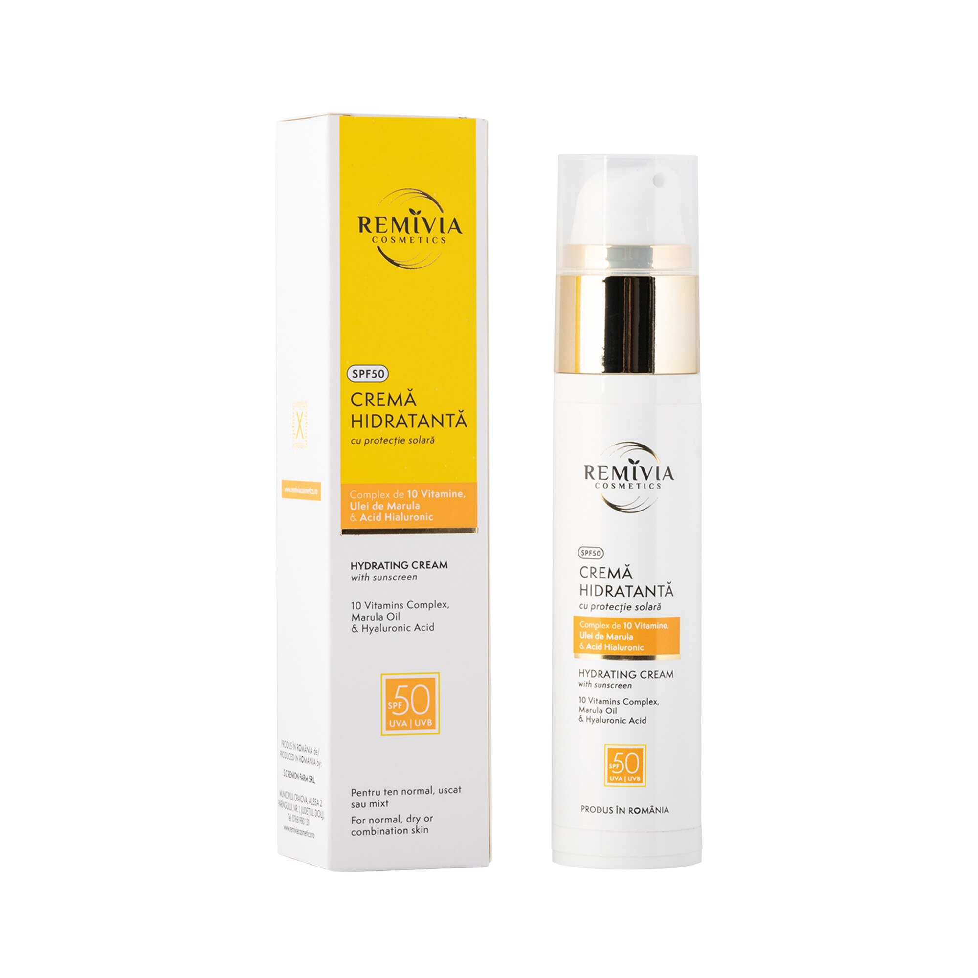 Crema hidratanta cu protectie solara SPF50 , Complex de 10 vitamine, Ulei de marula si Acid hialuronic,REMIVIA COSMETICS,50 ml