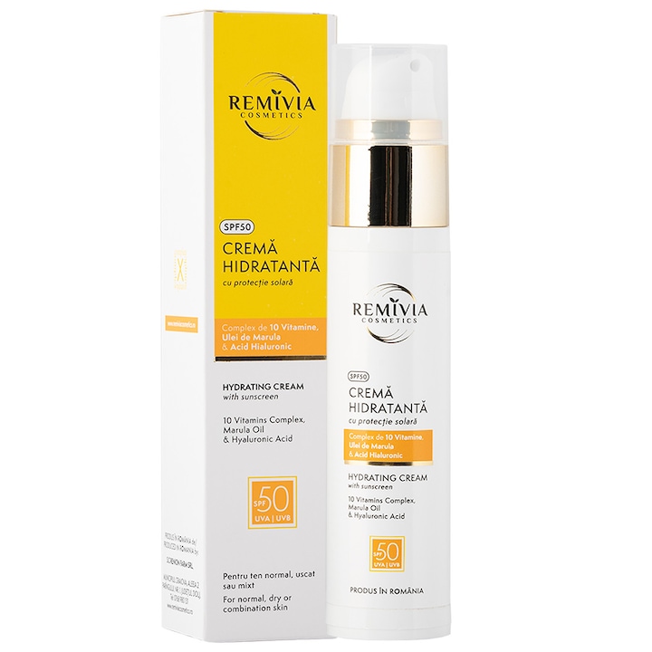 Crema hidratanta cu protectie solara SPF50 , Complex de 10 vitamine, Ulei de marula si Acid hialuronic,REMIVIA COSMETICS,50 ml