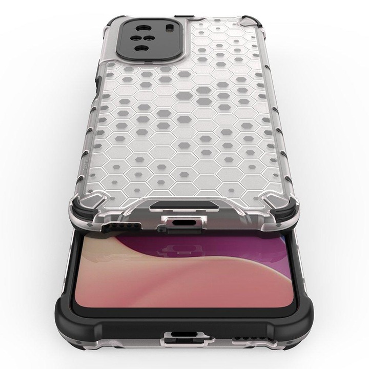 Telefontok Xiaomi Poco F3 / Xiaomi Mi 11i - Hexagon mintás ütésálló áttetsző műanyag tok, szilikon peremmel