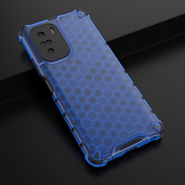 Telefontok Xiaomi Poco F3 / Xiaomi Mi 11i - Hexagon mintás ütésálló áttetsző kék műanyag tok, szilikon peremmel
