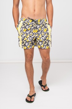 Jack&Jones, Pantaloni scurti de baie cu imprimeu si talie elastica, Negru/Galben/Alb, M Jack&Jones, Pantaloni scurti de baie cu imprimeu si talie elastica, Negru/Galben/Alb, M