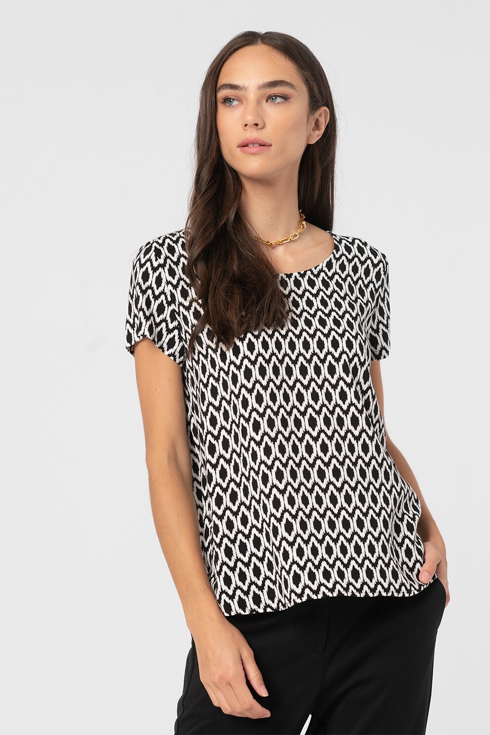 Only, Bluza cu maneci scurte si model First One, Negru/Alb optic