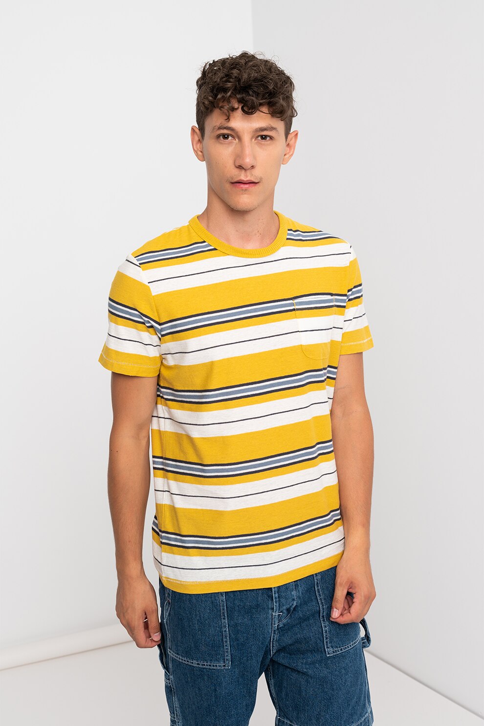 Jack&Jones, Tricou din amestec de in, cu decolteu la baza gatului, Galben mustar/Alb/Albastru