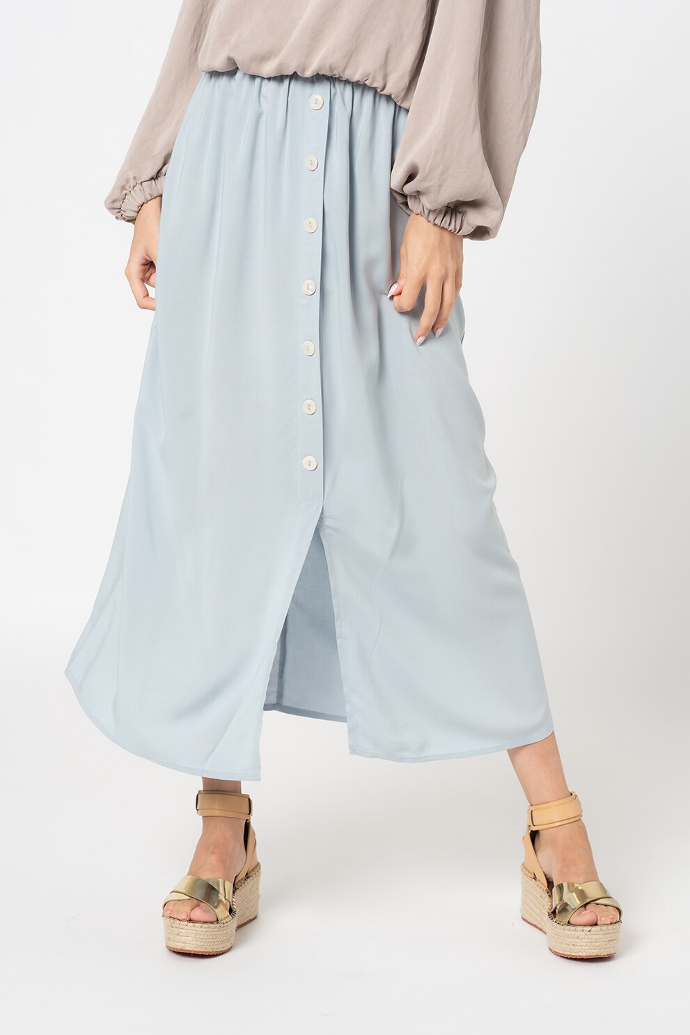 Only, Fusta cu talie inalta si fenta cu nasturi decorativi Nova, Albastru deschis