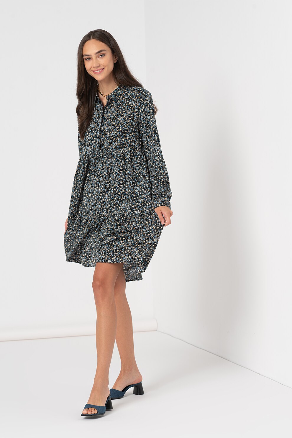 JdY, Rochie tip camasa cu model floral Piper, Bleumarin/Alb/Galben, XS