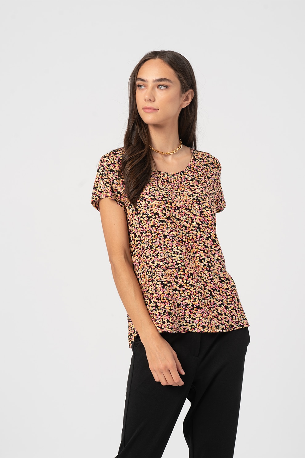 Only, Bluza cu maneci scurte si model First One, Negru/Galben/Rosu