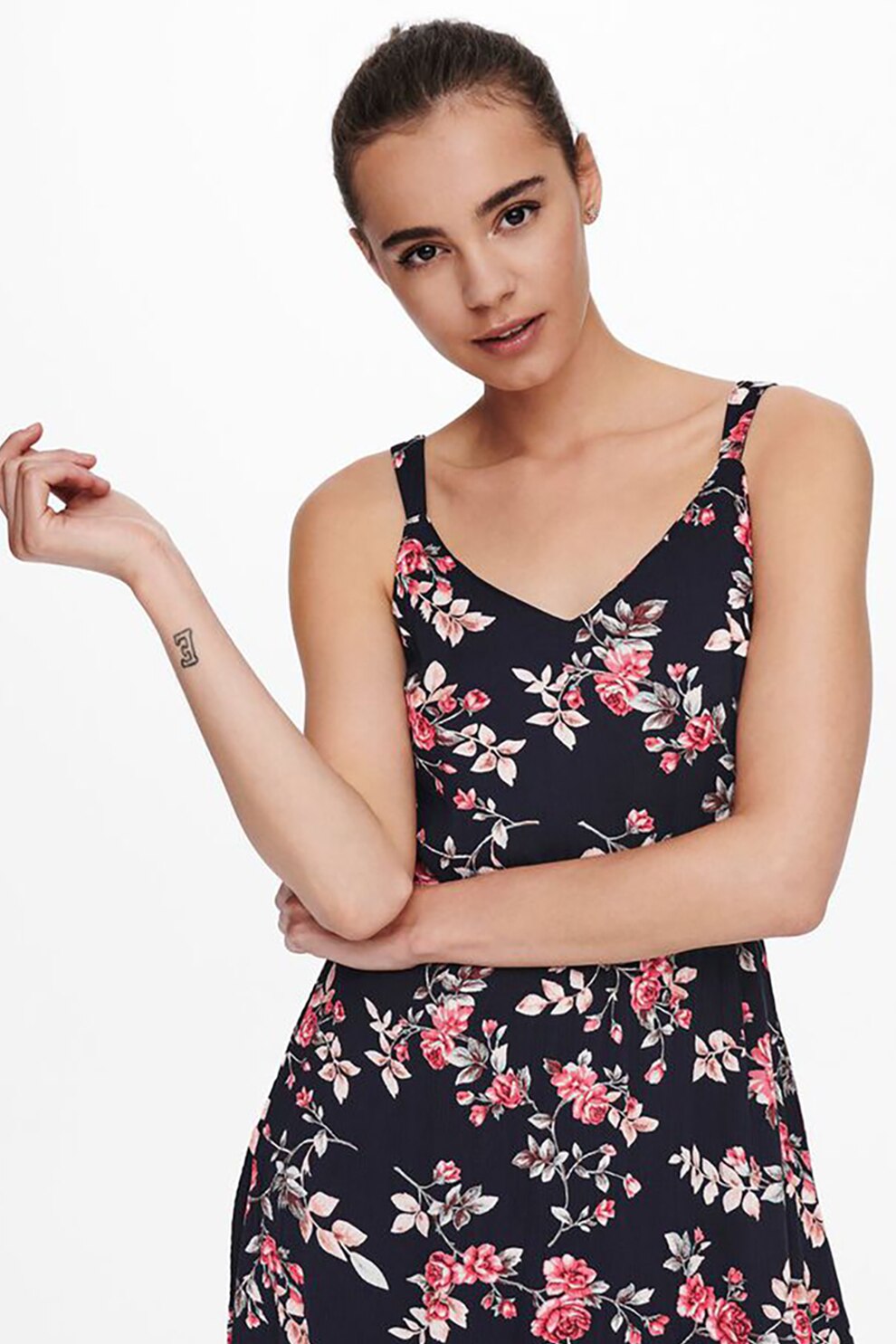 Only, Rochie mini cu imprimeu floral, Negru/Alb/Roz
