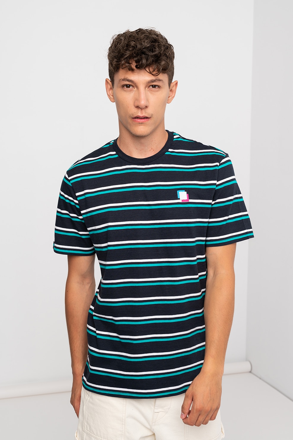 Only & Sons, Tricou din bumbac organic cu model in dungi, Bleumarin inchis/Verde/Alb