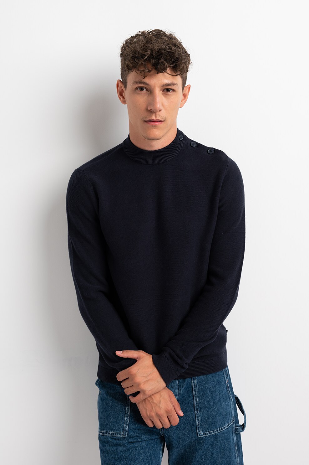 Only & Sons, Pulover tricotat fin cu nasturi pe umar, Bleumarin inchis, XL