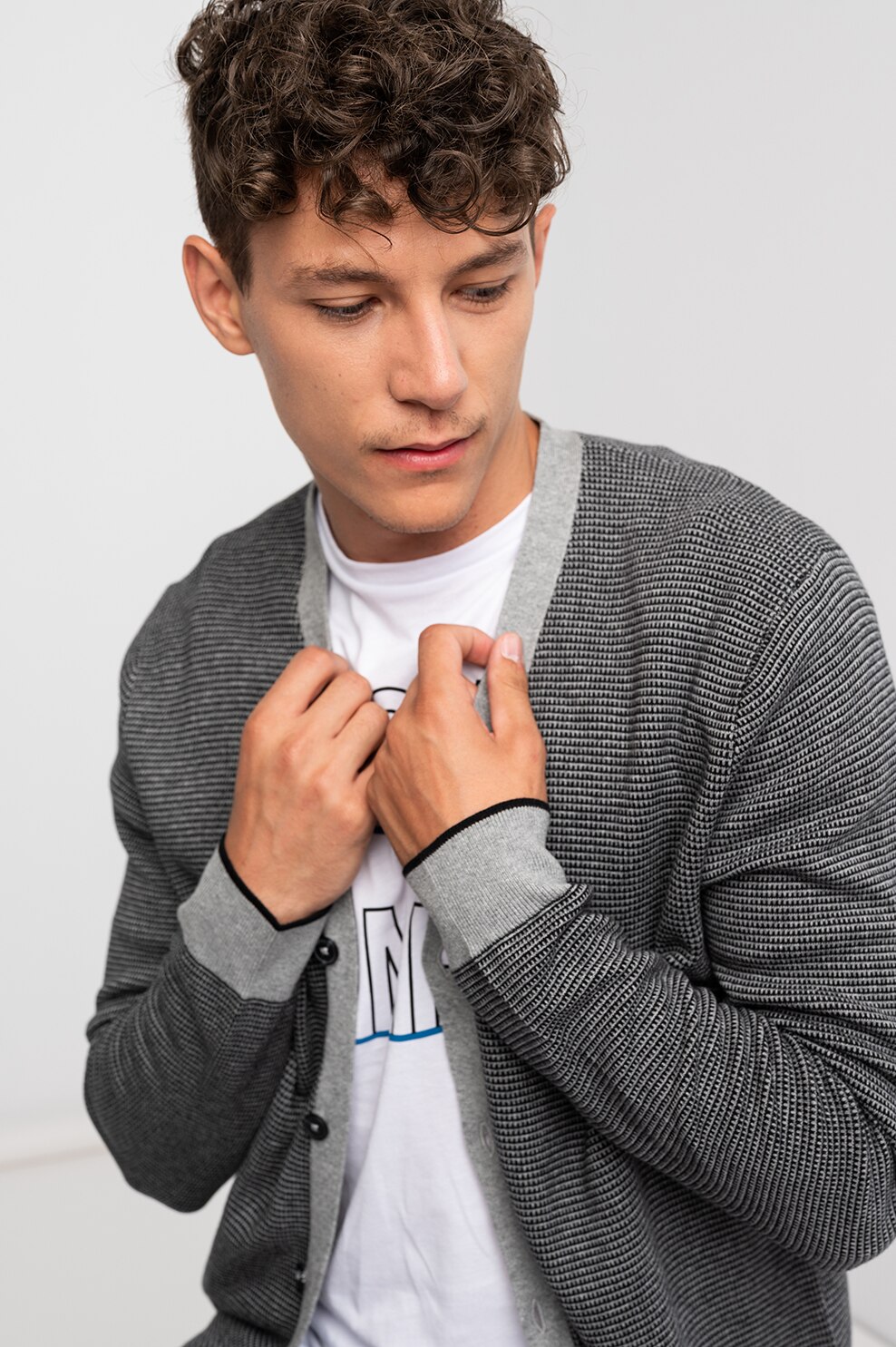 Only & Sons, Cardigan tricotat cu nasturi, Gri melange/Negru, S