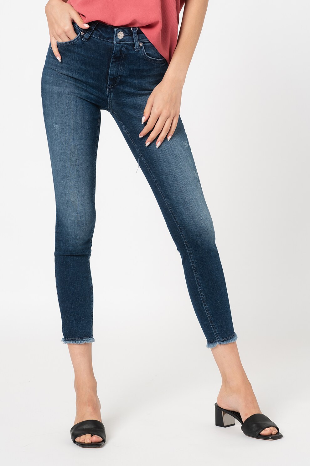Only, Blugi crop skinny cu terminatii franjurate Blush, Albastru inchis/Bleumarin