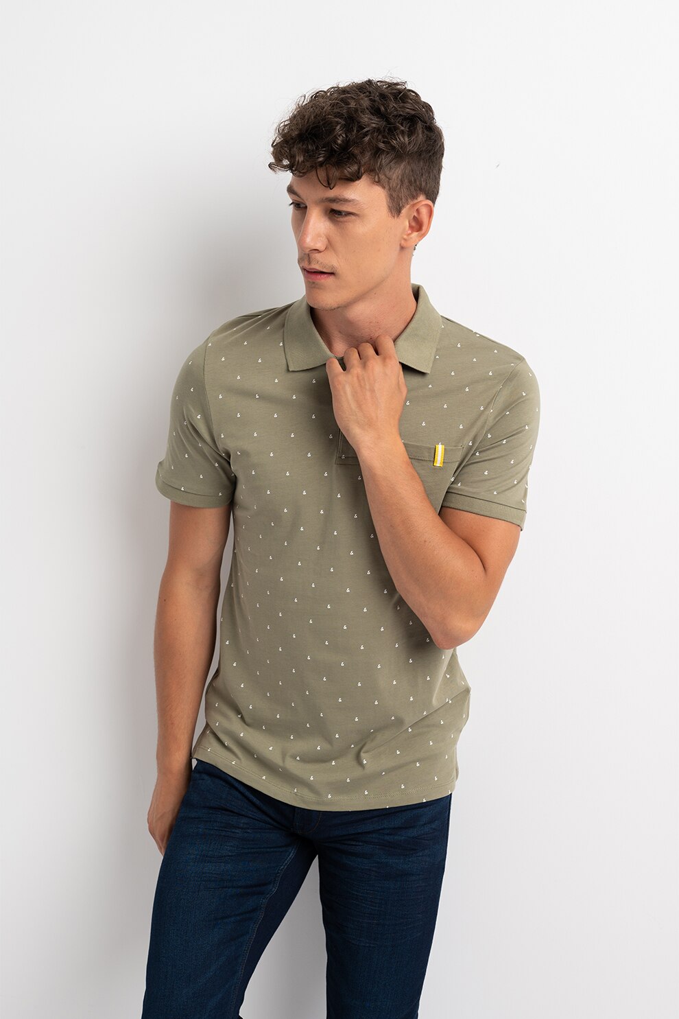 Jack&Jones, Tricou polo cu buzunar pe piept Logomania, Verde feriga/Alb