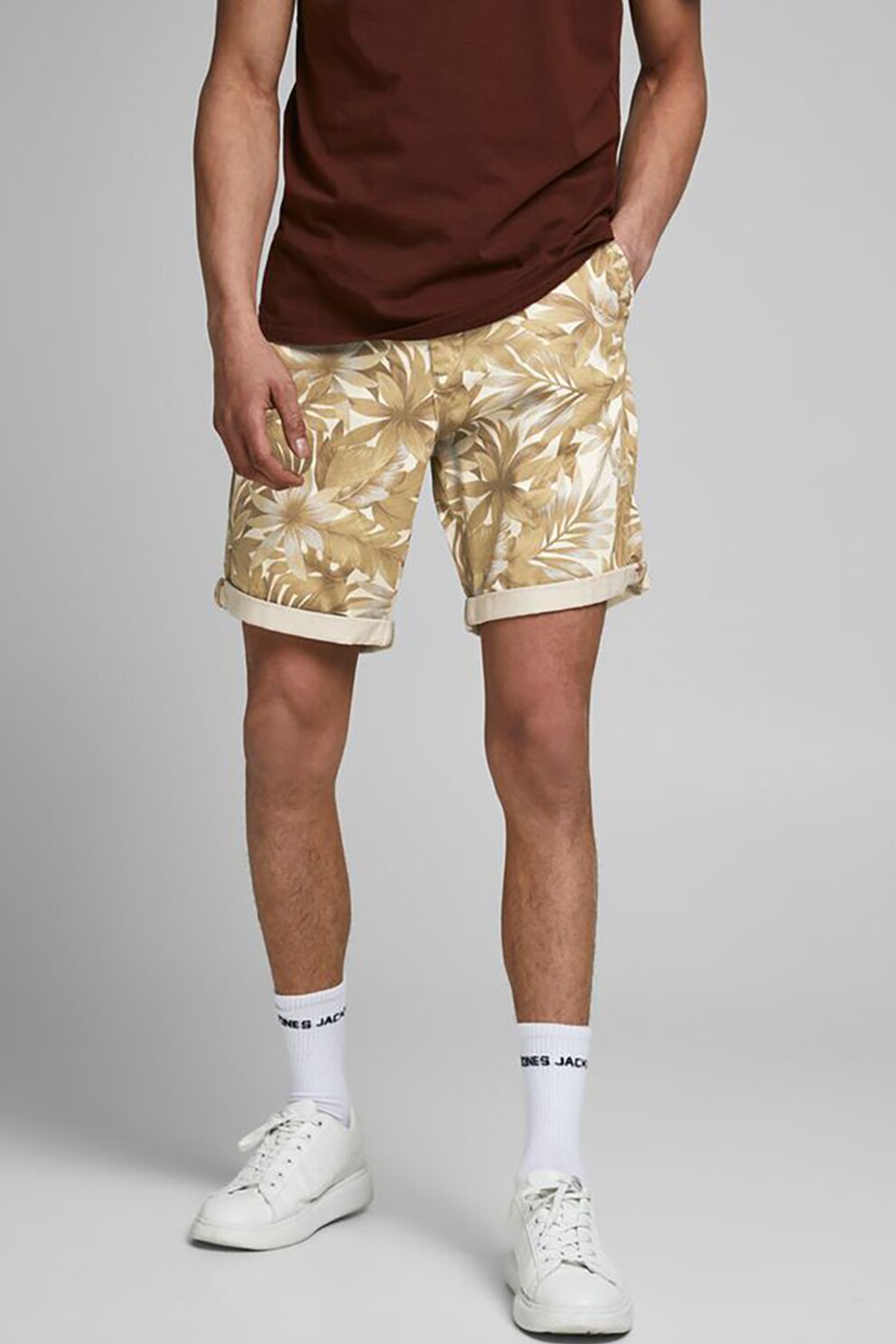 Jack&Jones, Bermude cu imprimeu tropical, Maro nisip/Bej