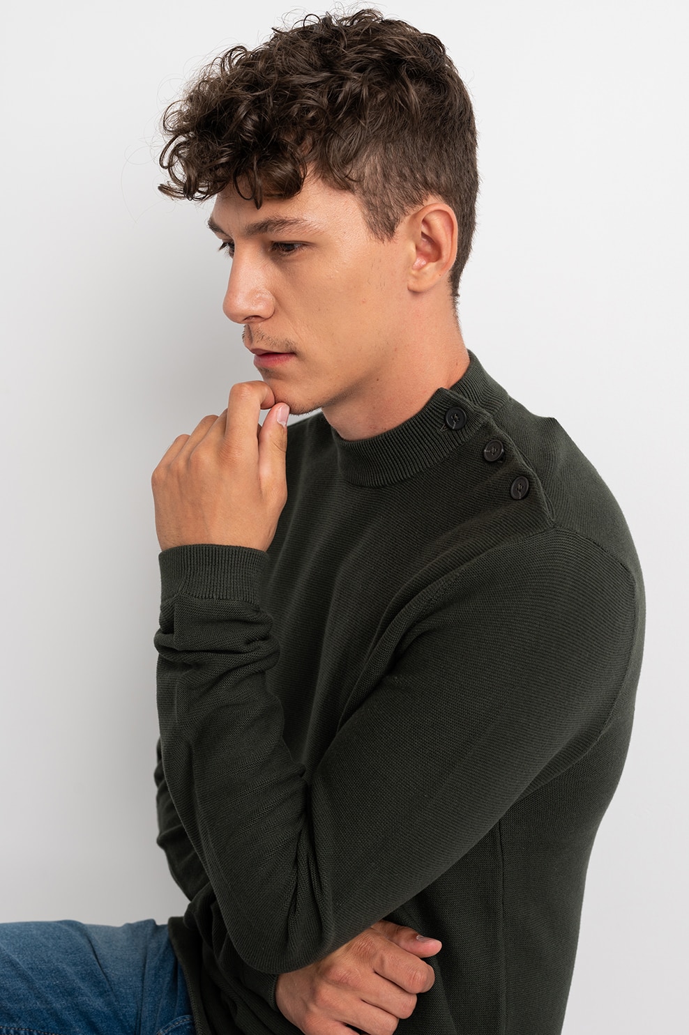 Only & Sons, Pulover tricotat fin cu nasturi pe umar, Verde militar, XL