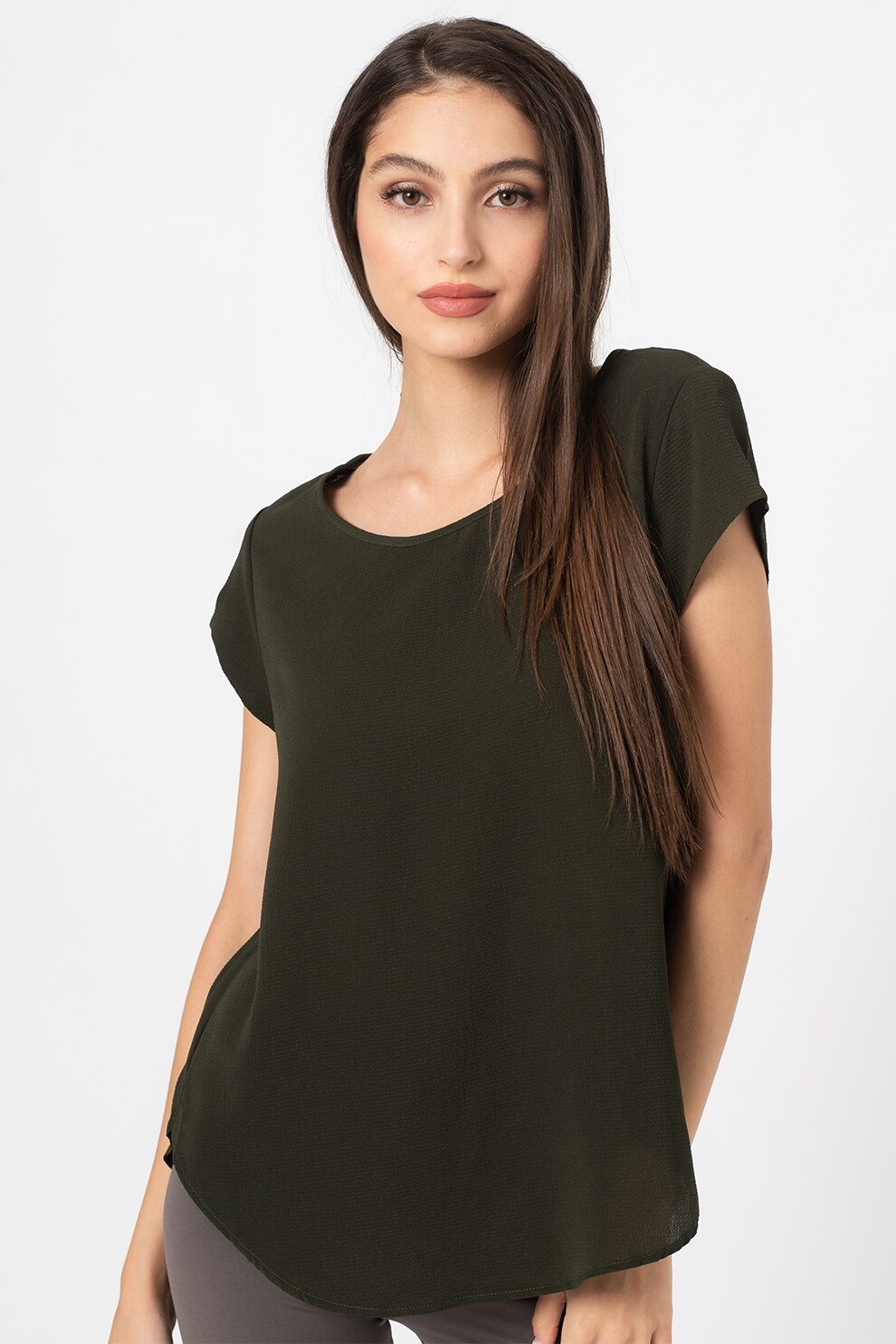 Only, Bluza cu terminatie asimetrica si maneci scurte, Verde inchis