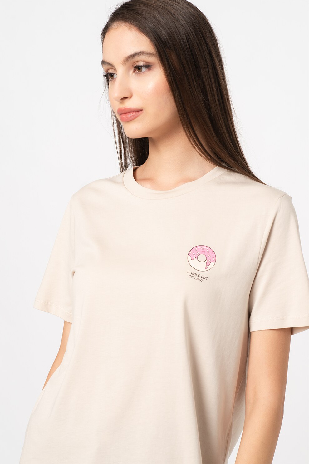 Only, Tricou din bumbac organic cu imprimeu pe piept Snack, Maro nisip