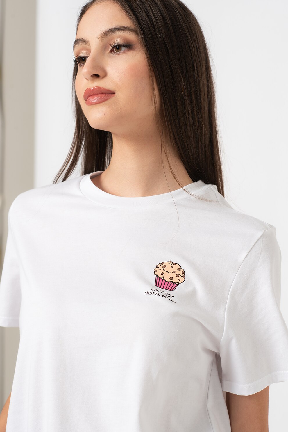 Only, Tricou din bumbac organic cu imprimeu pe piept Snack, Alb optic