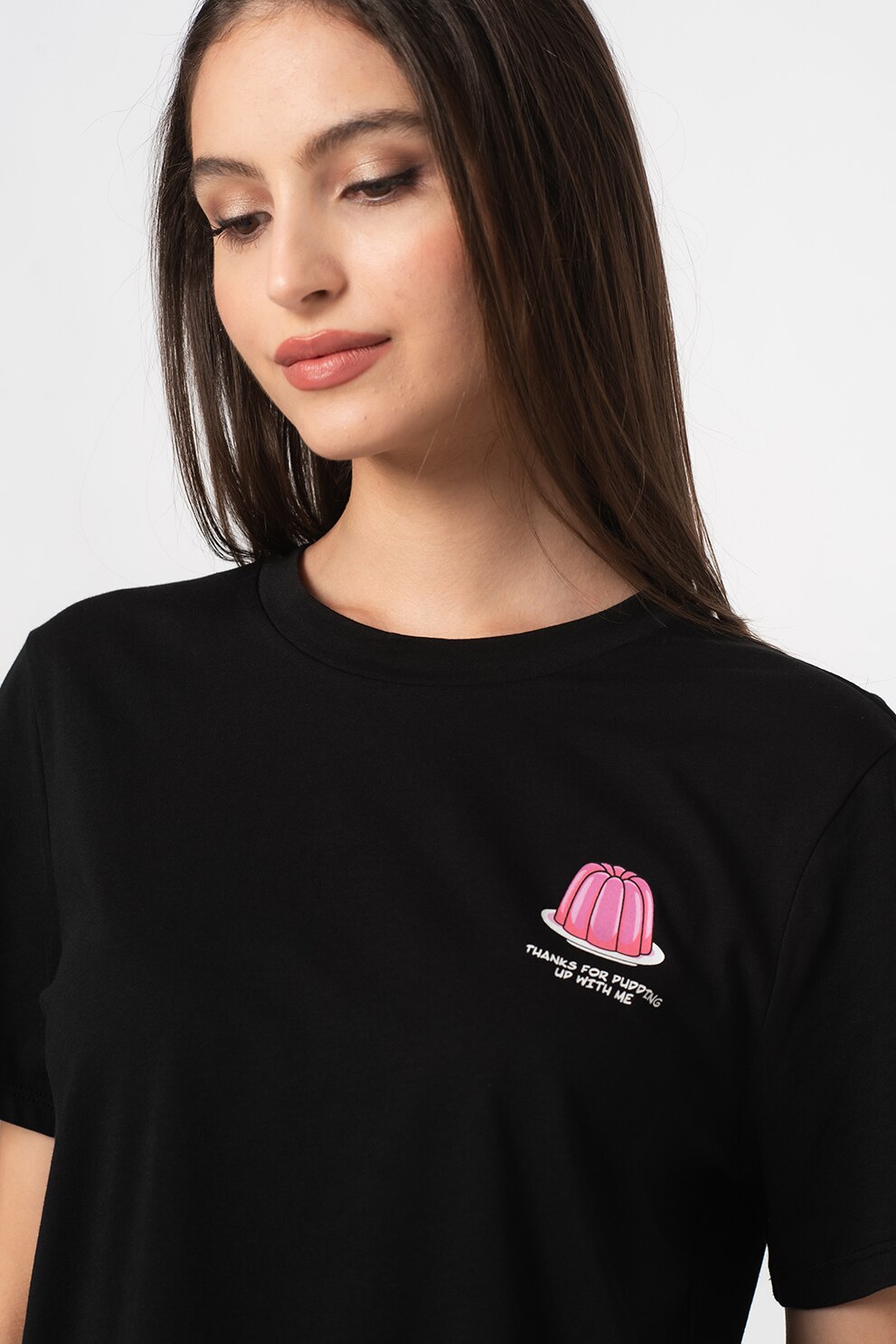 Only, Tricou din bumbac organic cu imprimeu pe piept Snack, Negru/Fucsia