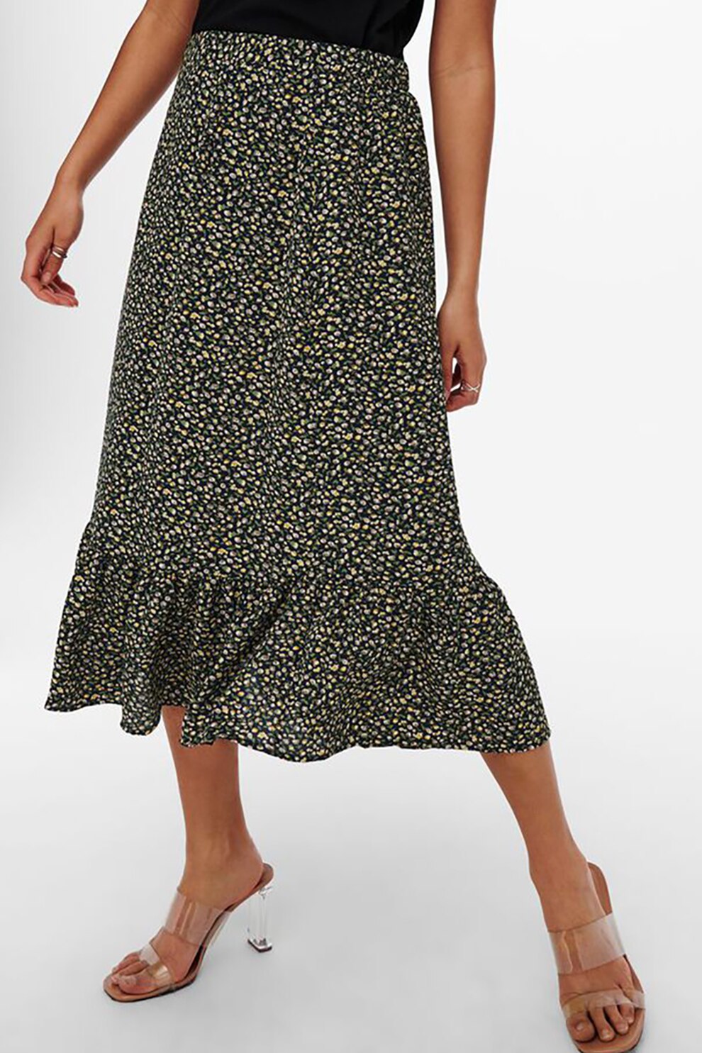 JdY, Fusta midi cu volane, Negru/Galben/Alb