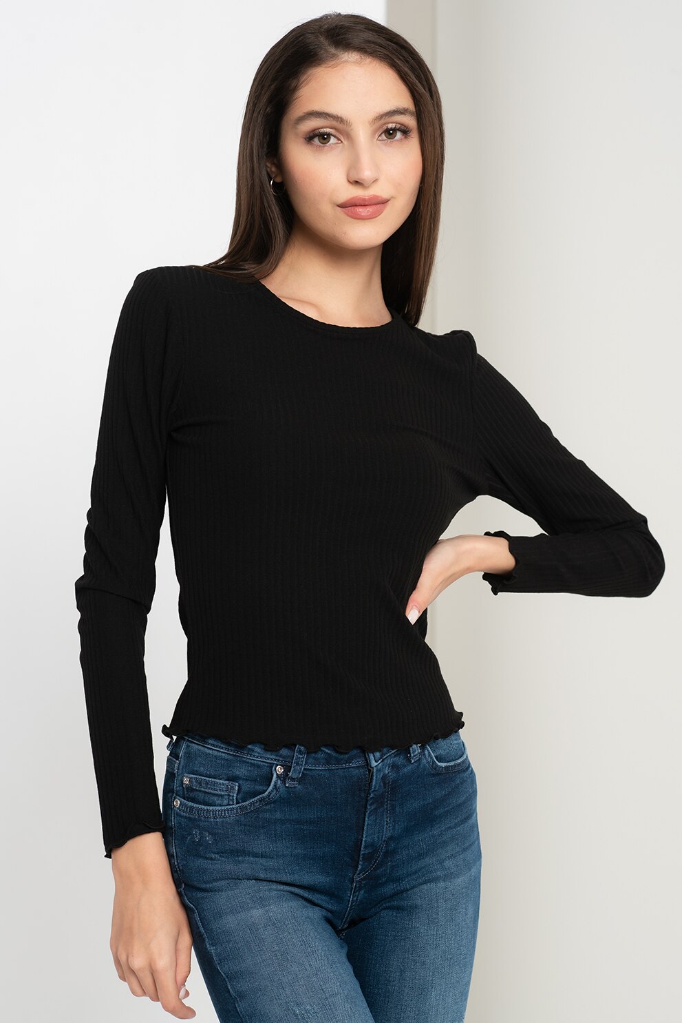 Only, Bluza cu decolteu rotund si aspect striat Nella, Negru, XS